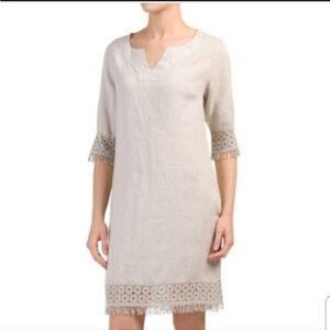 Alessia Pacini Linen Lace Bohemian V Neck 3/4 Sleeve Natural Tan Shift Dress M